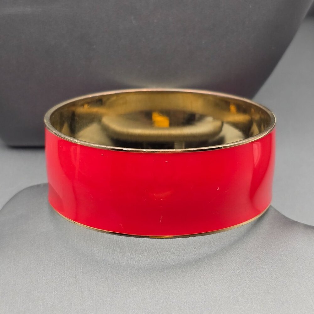 J Crew Red Enamel Bangle Bracelet 7.5" Gold Tone Wide Band Retro Statement - Picture 4 of 6